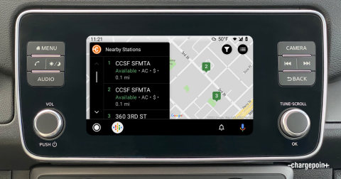Android Auto compatibility brings essential charging functionality directly into the vehicle, helping drivers easily find nearby stations and more. (Photo: ChargePoint)