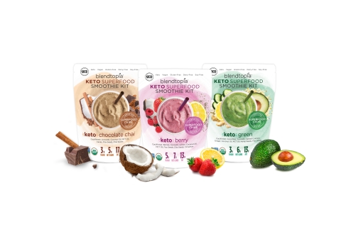 Blendtopia® has added three new ketogenic diet-friendly varieties to its lineup of organic superfood-packed smoothie kits: Keto Berry, Keto Chocolate Chai and Keto Green. (Photo: Business Wire)