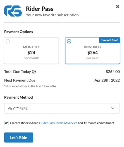 The Rider Pass subscription model is only available for riders over the age of 25 and with a FICO of over 700. Free delivery is included up to $50. (Graphic: Business Wire)