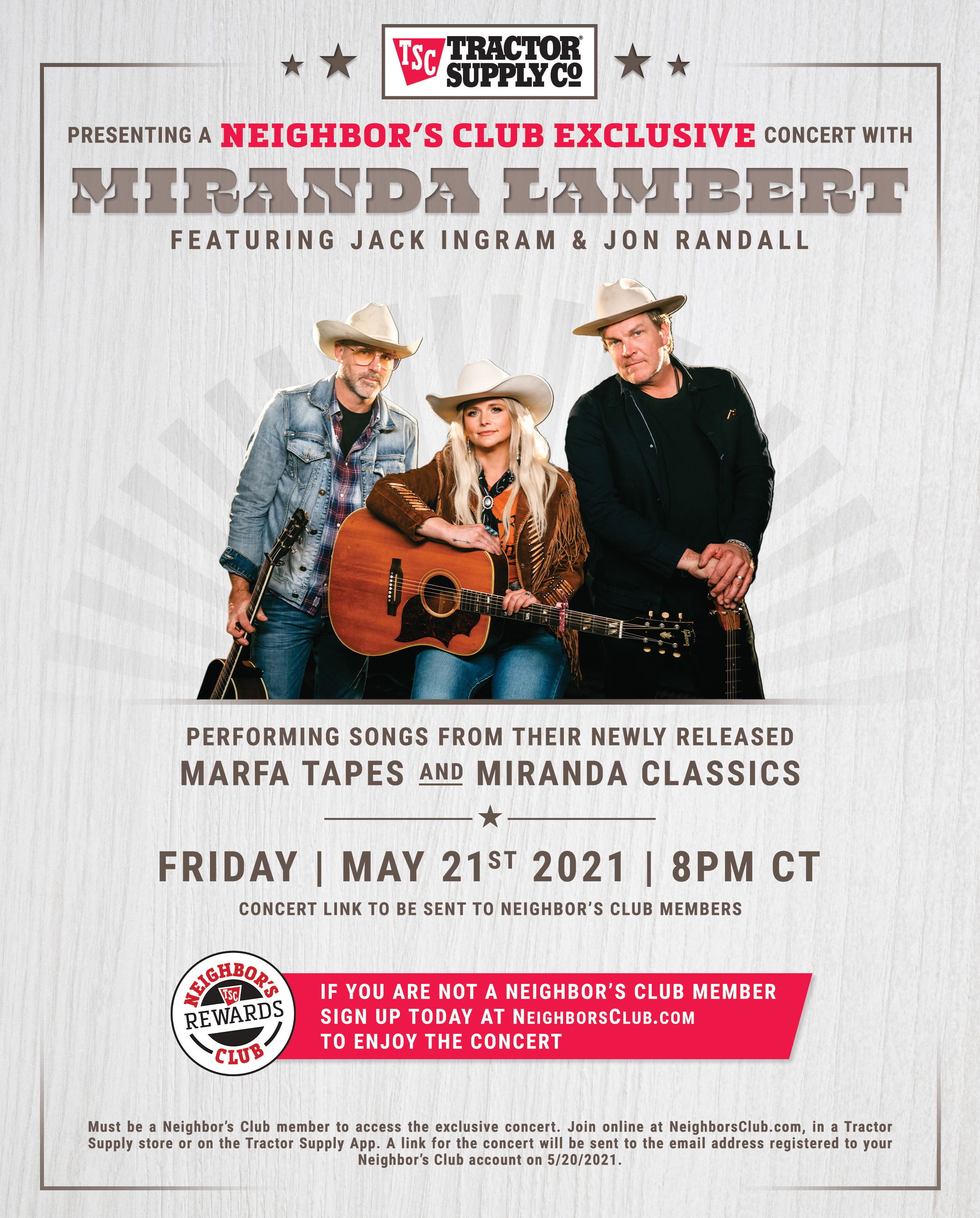 Miranda Lambert With Her Friends Jack Ingram and Jon Randall to Perform  Intimate Acoustic Show for Tractor Supply Neighbor's Club Members |  Business Wire