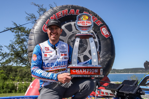 Academy pro Jacob Wheeler of Harrison, Tennessee, held off a late charge from Berkley pro “Big Fish” Bobby Lane of Lakeland, Florida, to win the Major League Fishing (MLF) Bass Pro Tour Berkley Stage Two at Lake Travis Presented by Mercury event in Austin, Texas and the top prize of $100,000. (Photo: Business Wire)