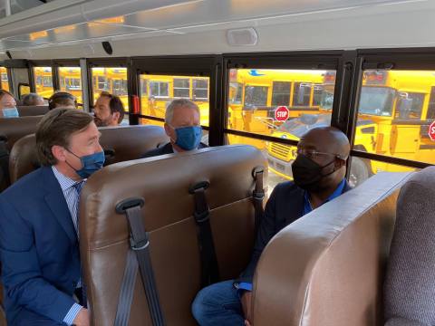 Georgia U. S. Senator Reverend Raphael Warnock, witnessed Blue Bird Corporation’s industry leading zero-emission school bus technology firsthand (Photo: Business Wire)