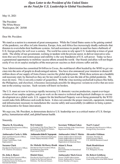 Open Letter to the President of the United States on the Need for U.S. Leadership in Global Vaccinations