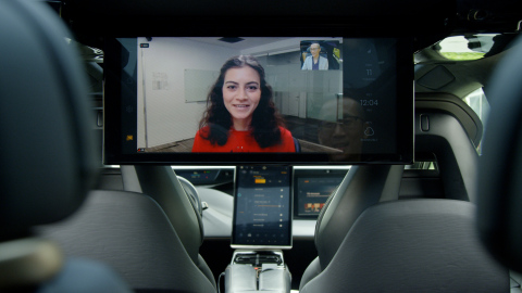 FF 91’s Rear Seat Passengers Can Conduct Meetings Through a Webcam Conferencing Feature on the Voice Activated, Industry-Exclusive 27-Inch Rear Passenger Display (Photo: Business Wire)