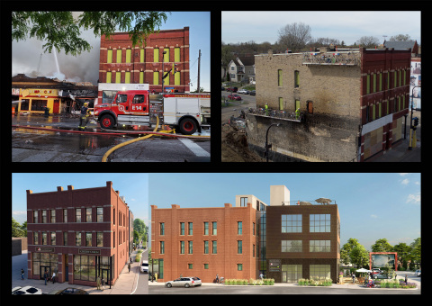 original A building on West Broadway in Minneapolis damaged in the uprisings following the murder of George Floyd, and that same building reimagined. (Photo: Business Wire)
