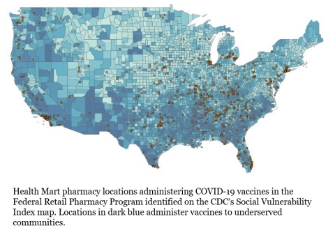 Health Mart pharmacy locations administering COVID-19 vaccines in the Federal Retail Pharmacy Program identified on the CDC's Social Vulnerability Index map. Locations in dark blue administer vaccines to underserved communities. (Photo: Business Wire)