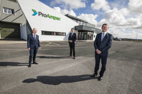 STRATEGIC PARTNERSHIP:  In County Donegal, Ireland, for May 17, 2021 announcement of the new contract establishing ProAmpac as the strategic supplier of flexible packaging for C&D Foods, the pet food division of ABP Food Group are (l to r) John McDermott, Operations Director, ProAmpac; Charlie McConalogue, Minister for Agriculture, Food and The Marine; and Colm Dore, Managing Director, C&D Foods. (Photo: Business Wire)