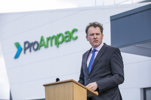 COUNTY DONEGAL: Ireland Minister for Agriculture, Food and The Marine, Charlie McConalogue, addressing business and government leaders at the May 17, 2021 announcement of the multi-million Euro contract establishing ProAmpac as the strategic supplier of flexible packaging for C&D Foods, the pet food division of ABP Food Group (Photo: Business Wire)