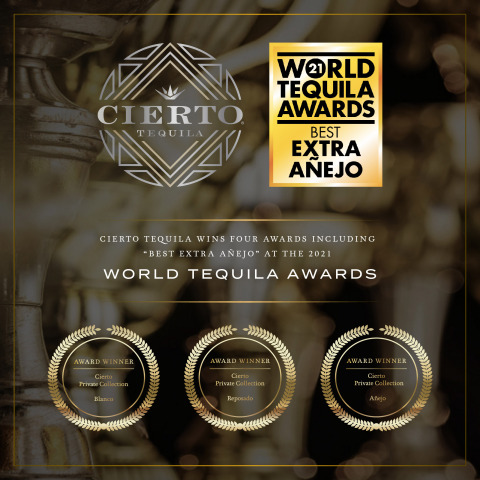 original Cierto Tequila Wins Four Awards Including “Best Extra Añejo” at the 2021 World Tequila Awards. (Graphic: Business Wire)