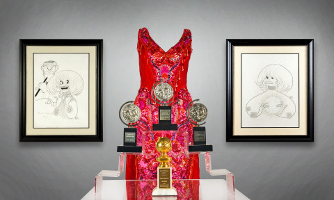 (Front to back) Tony and Golden Globe Awards, a sequin-embellished gown from a production of “Hello, Dolly!” and original Al Hirschfeld drawings will be among the notable items from the estate of Broadway legend Carol Channing offered at Abell Auction Co.’s June 17 online-only sale. (Photo: Business Wire)