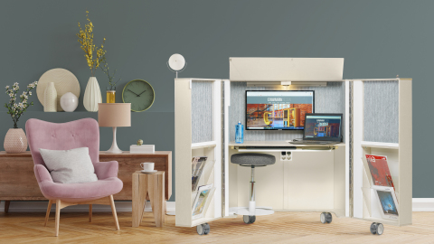 The larger sshhh3 can be purchased with an additional, adjustable chair. After work, the workstation doors are simply closed and the workstation becomes a mobile cabinet. A neutral colour scheme makes the unit blend seamlessly in any home environment. Photo by Evävaara Design