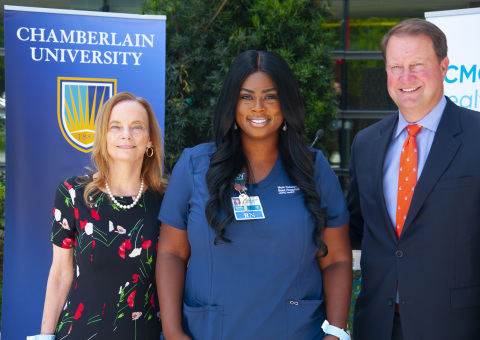 The Chamberlain University and LCMC Health alliance announcement was made by Chamberlain University President, Dr. Karen Cox , and Greg Feirn, CEO, LCMC Health. They were joined by – Ashley Robinson, a Chamberlain University graduate who works with LCMC Health. (Photo: Business Wire)