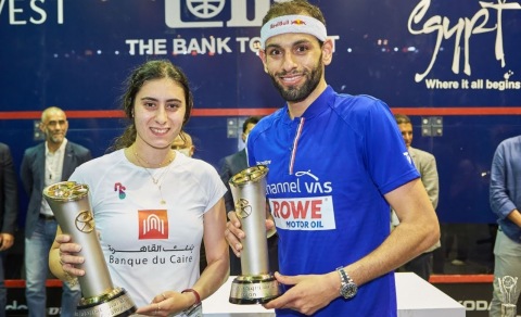 thumbnail World number 1 Nour El Sherbiny (left) and world number 2 Mohamed El Shorbagy (right) claimed the El Gouna Squash Open trophy (Photo: AETOSWire)