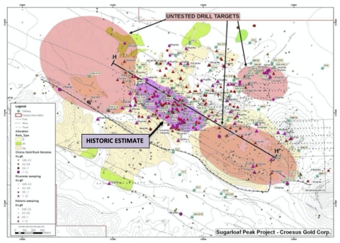 Figure 2. Sugarloaf Peak plan view showing historic estimate outline and expansion targets to NW and SE. (Graphic: Business Wire)