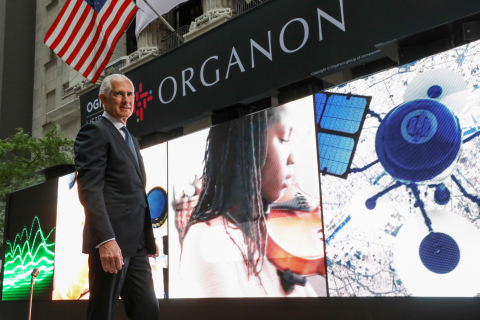 Organon's CEO Kevin Ali in front of "Wall of Voices" highlighting women's voices from around the world. (Photo: Business Wire)