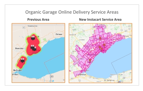 Comparison of Organic Garage’s online delivery service areas.(Graphic: Business Wire)