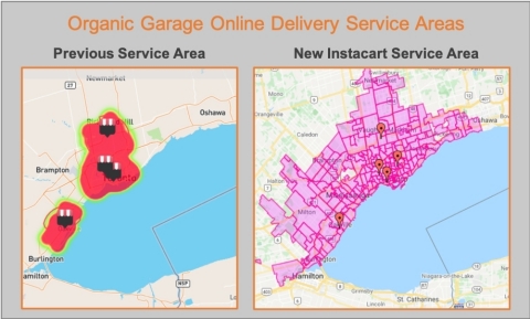 Comparison of Organic Garage's online delivery service areas.(Graphic: Business Wire)