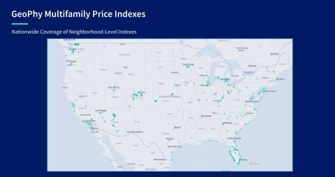 Map showing detailing 10,000 neighborhoods covered nationwide by GeoPhy's new Multifamily Price Indexes. GeoPhy today launched neighborhood-level price-per-square-foot indexes for multifamily properties for more than 10,000 neighborhoods nationwide. Using the indexes, GeoPhy now provides users with 1-, 3-, and 5-year compound annual growth rates for multifamily prices at the neighborhood level. The new capability enhances commercial real estate lenders and investors’ ability to understand the trajectory and evaluate the attractiveness of local areas as part of their analysis. (Photo: Business Wire)