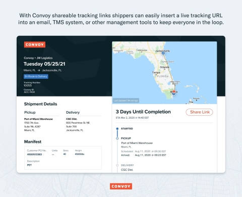 With Convoy shareable tracking links shippers can easily insert a live tracking URL into an email, TMS system, or other management tools to keep everyone in the loop. (Graphic: Business Wire)