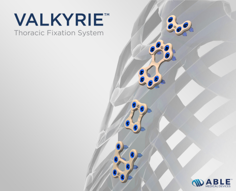 Able Medical Devices announces the recent launch of its Valkyrie™ Thoracic Fixation System, the market’s first single-use radiolucent plating system designed to span the osteotomy and close the sternum after open heart surgery. (Graphic: Business Wire)