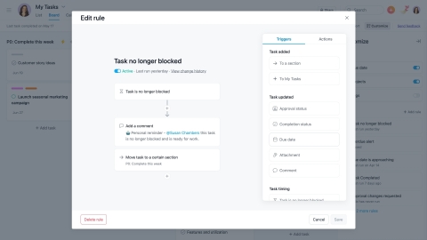Asana has supercharged My Tasks so customers can organize their work in Kanban, list, and calendar versions of their personal tasks. For example, automation rules can organize tasks based on a due date or send a notification when a teammate has completed work that unblocks dependent tasks. (Graphic: Business Wire)