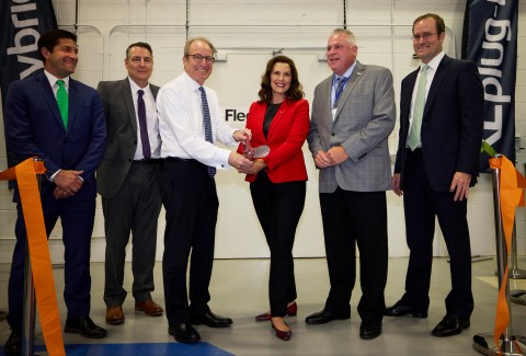 Governor Whitmer joins XL Fleet CEO Dimitri Kazarinoff, along with other senior executives and legislative leaders, to cut the ribbon at XL Fleet’s new Fleet Electrification Technology Center on Wednesday, June 09, 2021 in Wixom, Mich. (Rick Osentoski/AP Images for XL Fleet)