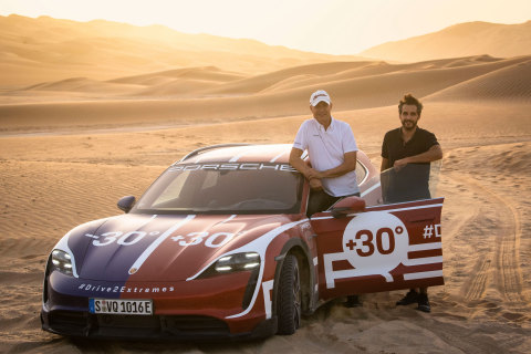 thumbnail L-R Dr Manfred Braeunl, Chief Executive Officer, and Markus Peter, Marketing Director at Porsche Middle East and Africa FZE, on site at Liwa during the production of the hero film for Drive2Extremes (Photo: AETOSWire)