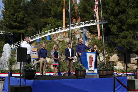 Governor Newsom at Six Flags Magic Mountain, with Park President Don McCoy, President & CEO Mike Spanos, LA County Supervisor Kathryn Barger, and Senator Henry Stern. (Photo: Business Wire)