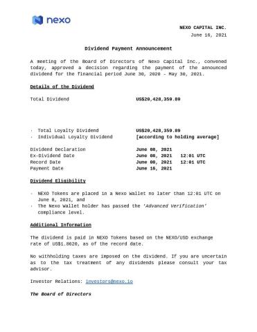original Official Dividend Announcement - Nexo Board of Directors