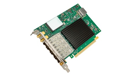 Intel Ethernet 800 Series family expands with the Intel Ethernet Network Adapter E810-XXVDA4T. It enables high-precision network timing accuracy with support for 1588 Precision Timing Protocol, Synchronous Ethernet and an integrated GNSS module. (Credit: Intel Corporation)