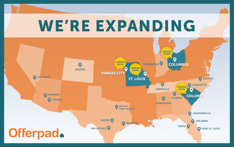  Offerpad has announced its plan to bring its digital platform and exclusive Real Estate Solutions Center to four additional markets: Columbus, Ohio; Kansas City, Missouri; St. Louis, Missouri; and Columbia, South Carolina. Opening in over 450 additional cities and towns across these four new markets, Offerpad is expected to grow the number of locations where it operates to nearly 1,500. (Graphic: Business Wire)