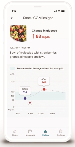 The Onduo virtual care solution uses real-time continuous glucose monitoring (CGM), when appropriate, along with an app, coaching, and telemedicine visits with endocrinologists, to help individuals make life-lasting changes to improve their health. Using a CGM with Onduo helps individuals understand the impact of food, activity and medications on their blood glucose. (Graphic: Business Wire)