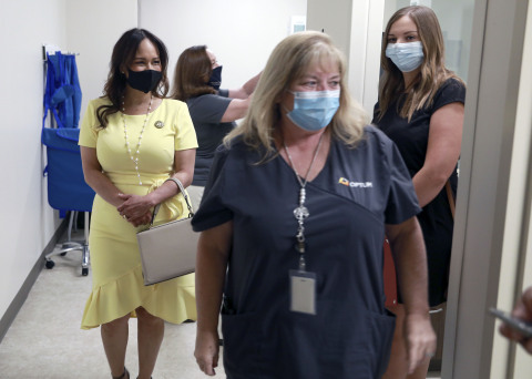 Terri King, Optum, leads tour with Senator Rosilicie Ochoa Bogh at the new Optum-Hemet Clinic and Community Center as part of the ribbon-cutting ceremony and community open house. The new clinic, pharmacy and community center addresses a clinician shortage in Hemet and makes it easier for people to get the health care services they need in one location. Credit: Sandy Huffaker