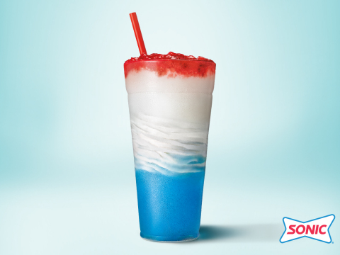 The Red, White & Blue Slush Float begins with a layer of icy Blue Raspberry Slush, adds a layer of SONIC’s real Ice Cream in the center and is topped off with a layer of real strawberries. (Photo: Business Wire)