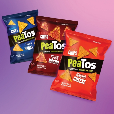 Zesty Ranch, Spicy Nacho, and Nacho Cheese PeaTos chips.(Photo: Business Wire)