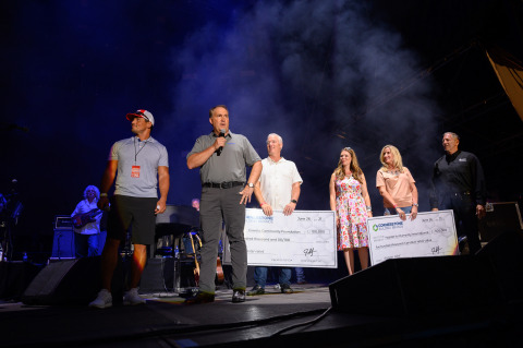 Cornerstone Building Brands Chief Financial Officer Jeff Lee (second from left) presents checks to Coweta Community Foundation Executive Director Kristin Webb (third from right) and Habitat for Humanity Affiliate Support Manager, U.S. Long-Term Disaster Recovery Michael Mongeon (far right) at the Where I Come From: Tornado Benefit Featuring Alan Jackson on June 26. Also pictured are Emcee and ESPN College Football Analyst David Pollack and Cornerstone Brands EVP, Operations Jim Keppler and Chief Marketing Officer Susan Selle. (Photo: Business Wire)