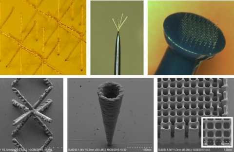 Examples of Aerosol Jet 3D Printed Micro-Structures, which include high overhang and high aspect-ratio printing, as well as demonstration printing “on pins and needles.” Photo courtesy of Optomec, Inc.