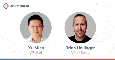 Celential.ai appoints Dr. Xu Miao as Vice President of Artificial Intelligence and Brian Hollinger as Vice President of Sales. The company is also expanding its AI-powered Virtual Recruiter service into the sales recruiting vertical, built upon success in technical recruiting. (Graphic: Business Wire)