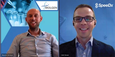 Due to travel restrictions Maarten de Groot, MolGen CEO and Colin Denver, SpeeDx CEO joined a virtual session to officially announce the collaboration that will combine Molgen liquid handling and purpose-built automation with SpeeDx COVID-19 diagnostic solutions - extending a full workflow offering to pathology laboratories. (Photo: Business Wire)