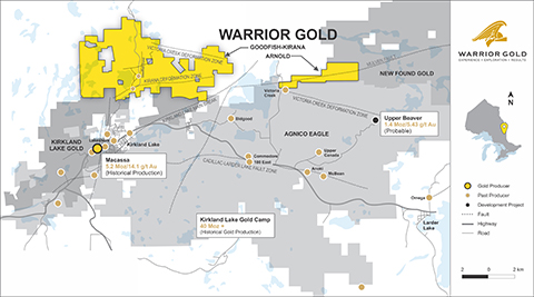 Map 1. Location Map of Warrior Gold’s new Arnold Property. References: Upper Beaver probable reserve referenced from Agnico Eagles Mines Ltd., 2021 Annual Information Form, page 73 and Macassa historic production referenced from the report addressed to Kirkland Lake Gold, “Macassa Property, Ontario, Canada, Updated NI 43-101 Technical Report” dated July 19, 2019, page 16/17. (Photo: Business Wire)