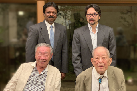 thumbnail Prof. Masatoshi Koshiba (Nobel Laureate; Sitting Rt.) who initiated the idea of restoring youthfulness of cells in the lab with Dr Masahiro Katoh (Sitting Lt; Chairman, Edogawa Hospital), who accomplished Prof. Koshiba’s wishes, helped by Dr Shojiro Katoh (Standing Rt; President, Edogawa Hospital), led team including Dr. Samuel JK Abraham (Standing Lt) (Photo: Business Wire)