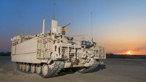An Armored Multi-Purpose Vehicle (AMPV) at sunset in Yuma, Arizona. BAE Systems photo