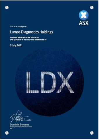 Lumos Diagnostics' Australia Securities Exchange (ASX) certificate. (Graphic: Business Wire)