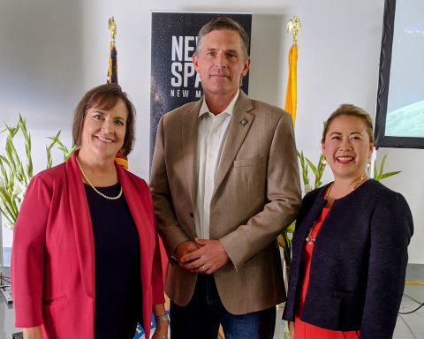 Caption: U.S. Senator Martin Heinrich (D-NM) (center); Casey Anglada DeRaad, Founder and CEO of NewSpace New Mexico (left); and Uyen Dinh, Vice President of Government Relations and Strategy for BlackSky (right) at an event on July 8, 2021, announcing Unite & Ignite Space. Credit: BlackSky