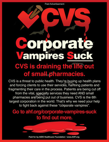 AHF launched a new advocacy and newspaper ad campaign to take on health and pharmacy giant CVS, the sixth-largest corporation in the world, over its anti-competitive business model, which squeezes many independent and mom-and-pop pharmacies, some to the point of forcing their closure. (Graphic: Business Wire)