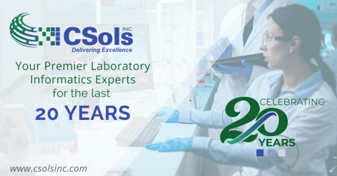 original Celebrating 20 years. CSols, Inc. Your premier laboratory informatics experts for the last 20 years. (Photo: Business Wire)