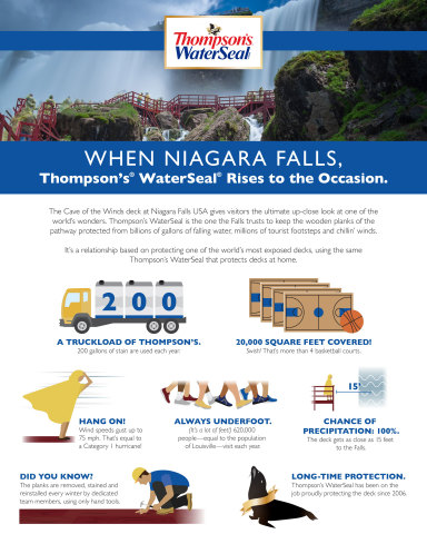 Since 2006, Niagara Falls State Park has trusted Thompson’s WaterSeal products to keep its decks and walkways looking beautiful for the more than 600,000 people who visit each year. https://www.thompsonswaterseal.com/home (Graphic: Business Wire)