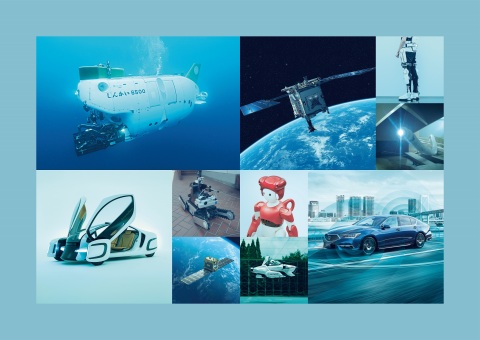 From upper-left] SHINKAI 6500, HAYABUSA2, Wearable Cyborg, Active scope camera for rescue [From lower-left] Ultra-thin and flexible tough polymer, Rescue robot, Small synthetic-aperture radar satellite (SAR), Communication robot, Flying car, Level-3 autonomous vehicle (Photo: Business Wire)