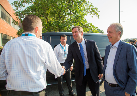 GE Appliances President and CEO Kevin Nolan welcomes Kentucky Governor Andy Beshear and Mayor Greg Fischer to a refrigeration investment event at Appliance Park, the company's headquarters in Louisville KY (Photo: GE Appliances, a Haier company)