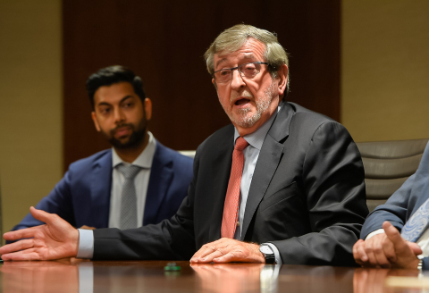 Michael Dowling, president and CEO of Northwell Health, joined by Dr. Chethan Sathya, pediatric surgeon and National Institutes of Health (NIH)-funded firearm injury prevention researcher. Credit: Northwell Health